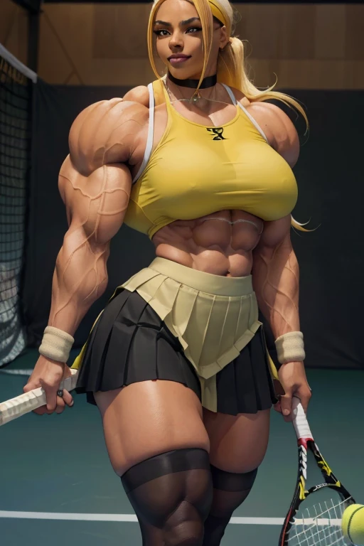((Close-up)), tall, (yellow hair) beautiful muscular Latino female tennis player, long flowing hair, brown skinned, large breast, closed smile, (black lipstick), (massive muscles), (hyper muscle), (((ginormous bulky muscles))), gray eyes, (((yellow tennis top))), (((long black pleated skirt))), (thigh high socks), choker, (holding tennis racket), sneakers, in a tennis court, 