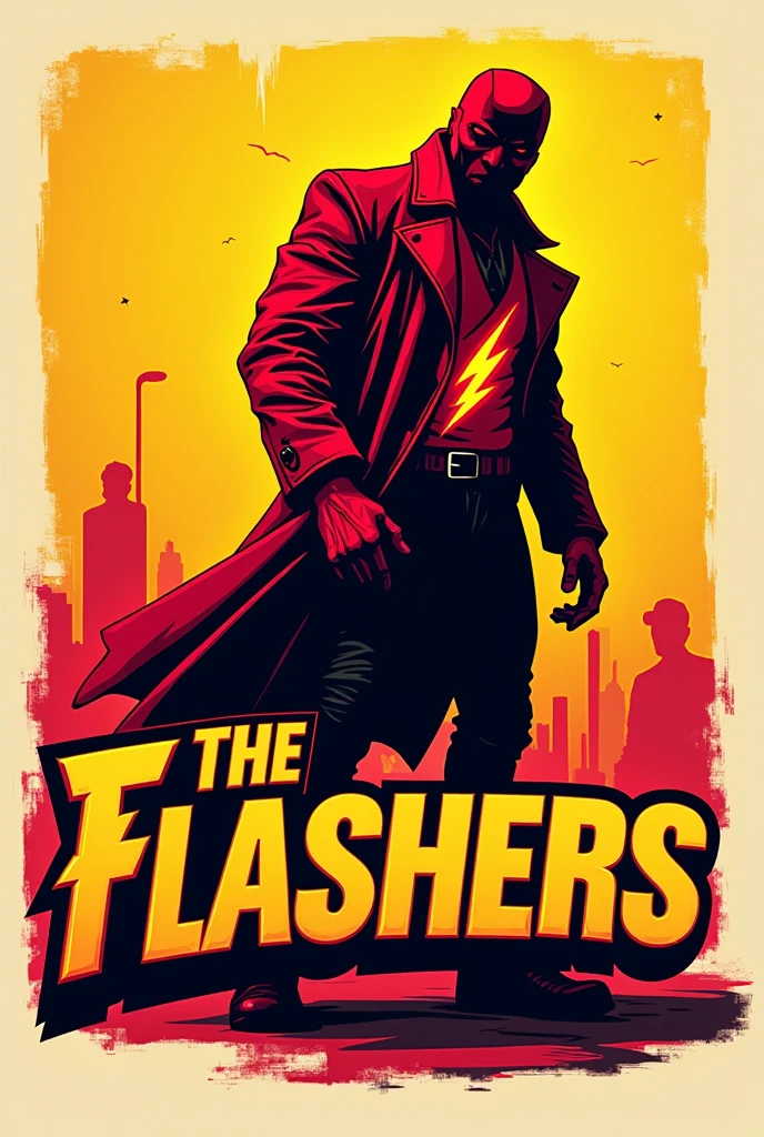 Make a logo for an american football team called "The Flashers" and include the team name. Make it red and yellow with The Flash in a trenchcoat exposing himself to a civilian.