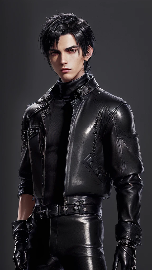 ((Final fantasy taste and reality graphics)), ((Japanese young cute and cool ikemen boy)), his age is early 20s, thin eyebrows and beady eyes, ((((he wearing black color leather very thick single-brest jacket)))),((((leather jacket is smooth luster and shiny)))), ((jacket with epaulet)), ((leather jacket close all zippers)),, ,(( jacket collar is very high length stand-up collar with belts)), , (((also wearing black color turtleneck polyester shirts))), (((tight black and leather pants))), ((((black leather tight and thin glove)))), ((black color leather knee-high raceup boots)),((show the boy whole body)), boy looks like fashion model,Do not show skin from the neck down,(((all his clothes are smooth design and very shining))),(((Avoid adding unnecessary decorations to your clothes))),(((all clothes is simple design and appearance))),(((don't wear jewelry on all clothes)))