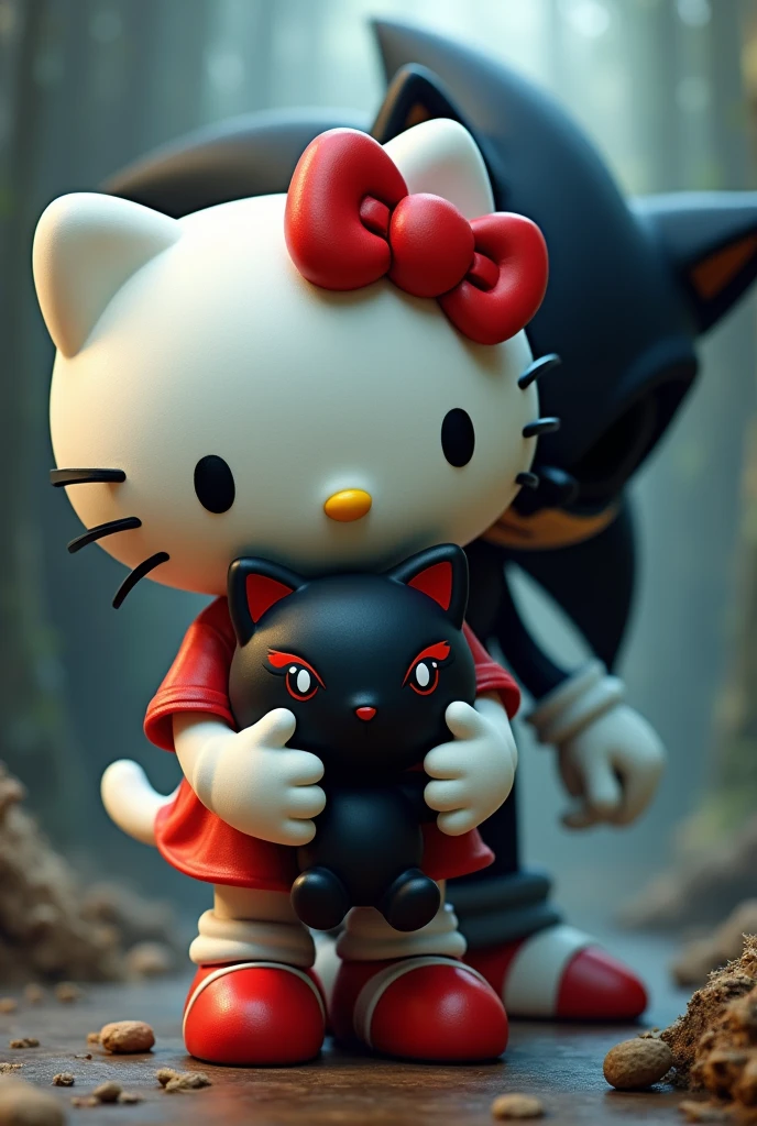 Make me hello kitty holding a black baby hello kitty with red stripes and black eyes and shadow from sonic holding the baby