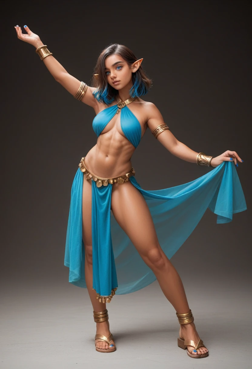Masterpiece, Best Quality, 1girl, solo, brown hair, elf ears, small ears, small pointy ears, small elf ears, dark blue eyes, shoulder length hair, medium hair, dark blue highlights, big breasts, broad shoulders, transfem, trans woman, androgynous, tall, toned, tan skin, slightly masculine, belly dancer outfit, dark-blue and gold outfit, dancing, penis, penis showing, partial nudity, cock, wardrobe malfunction, blue nails, sandals,