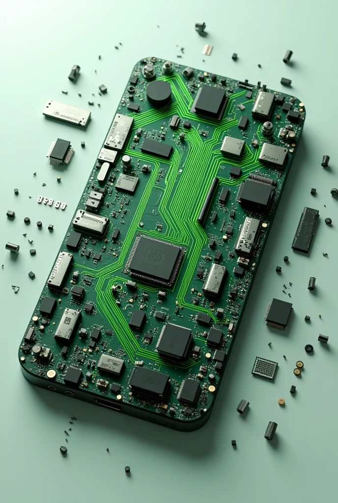 Cell phones disassembled with green lines fiturists