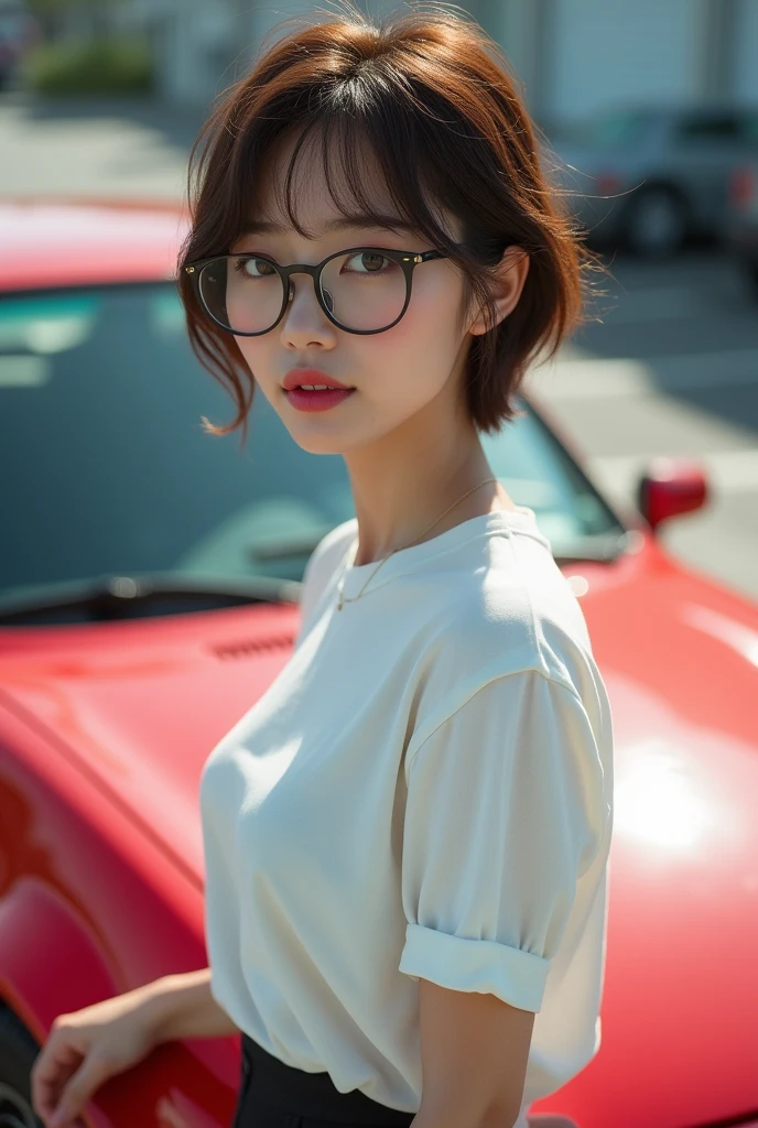 photo realistic, 1 woman, office lady, 30yo, cool beauty, very short hair, pixie cut, brown hair, swept bangs, brown eyes, double eyelids, under rim glasses, pink glossy lips, mouth slightly open, perfect female body, ample breasts, narrow waist, (white loose t-shirt), white downblouse, parking, red car, Stand next to the car, leaning forward, Putting one's hand on the car, (((shift your gaze))), (((look sideways))), masterpiece, anatomically correct, high details, high quality
