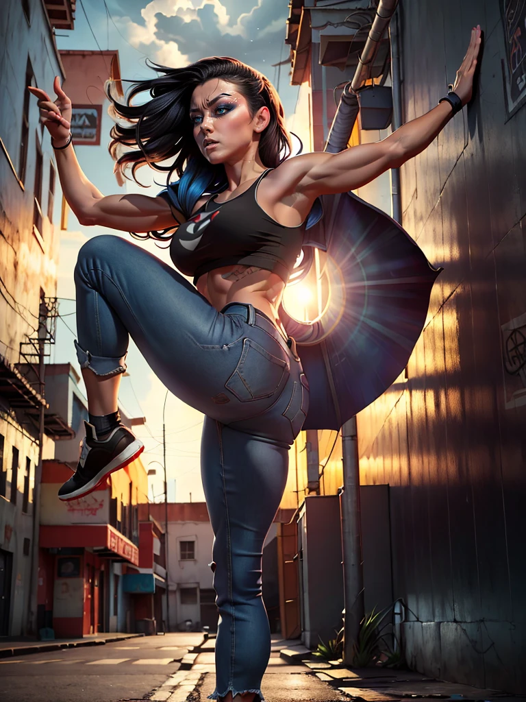 Very aesthetic inkpunk illustration, Alison Tyler, (((standing high kick with one foot touching the ground and the other foot pointing at the heavens))), sentada em uma cadeira simples, corpo inteiro, separated-lips, ,(((jaqueta de couro preta com rebites))) , ripped jeans, camiseta branca, , fundo da parede com graffiti, Arte por Mschiffer