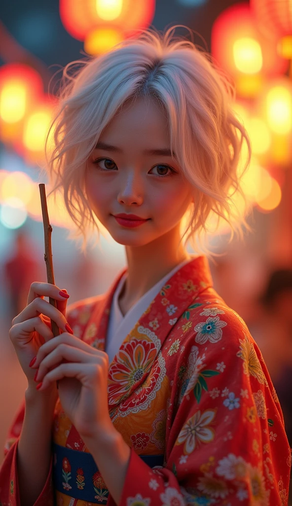 "A close-up of a young woman with short white hair, wearing a colorful kimono with glowing floral patterns. She is standing in a night festival setting, with warm, glowing lanterns hanging around. The background is slightly blurred with soft bokeh lights, creating a dreamy and serene atmosphere. The woman is smiling gently, holding a small stick in her hand, and the lighting accentuates her delicate features