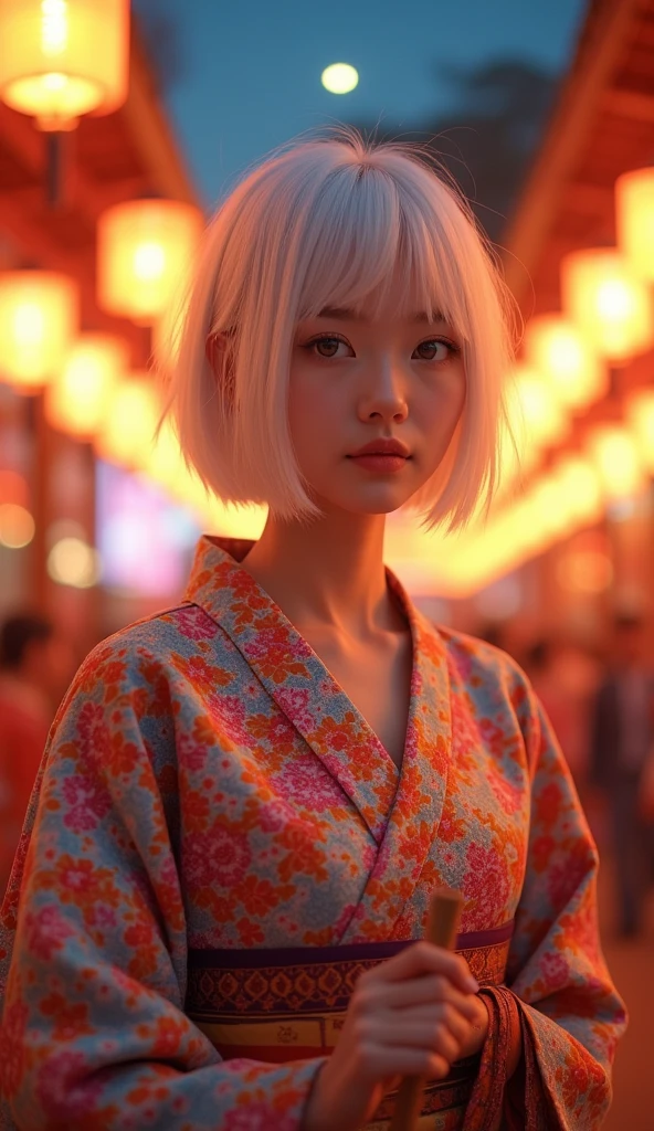 "A close-up of a young woman with short white hair, wearing a colorful kimono with glowing floral patterns. She is standing in a night festival setting, with warm, glowing lanterns hanging around. The background is slightly blurred with soft bokeh lights, creating a dreamy and serene atmosphere. The woman is smiling gently, holding a small stick in her hand, and the lighting accentuates her delicate features