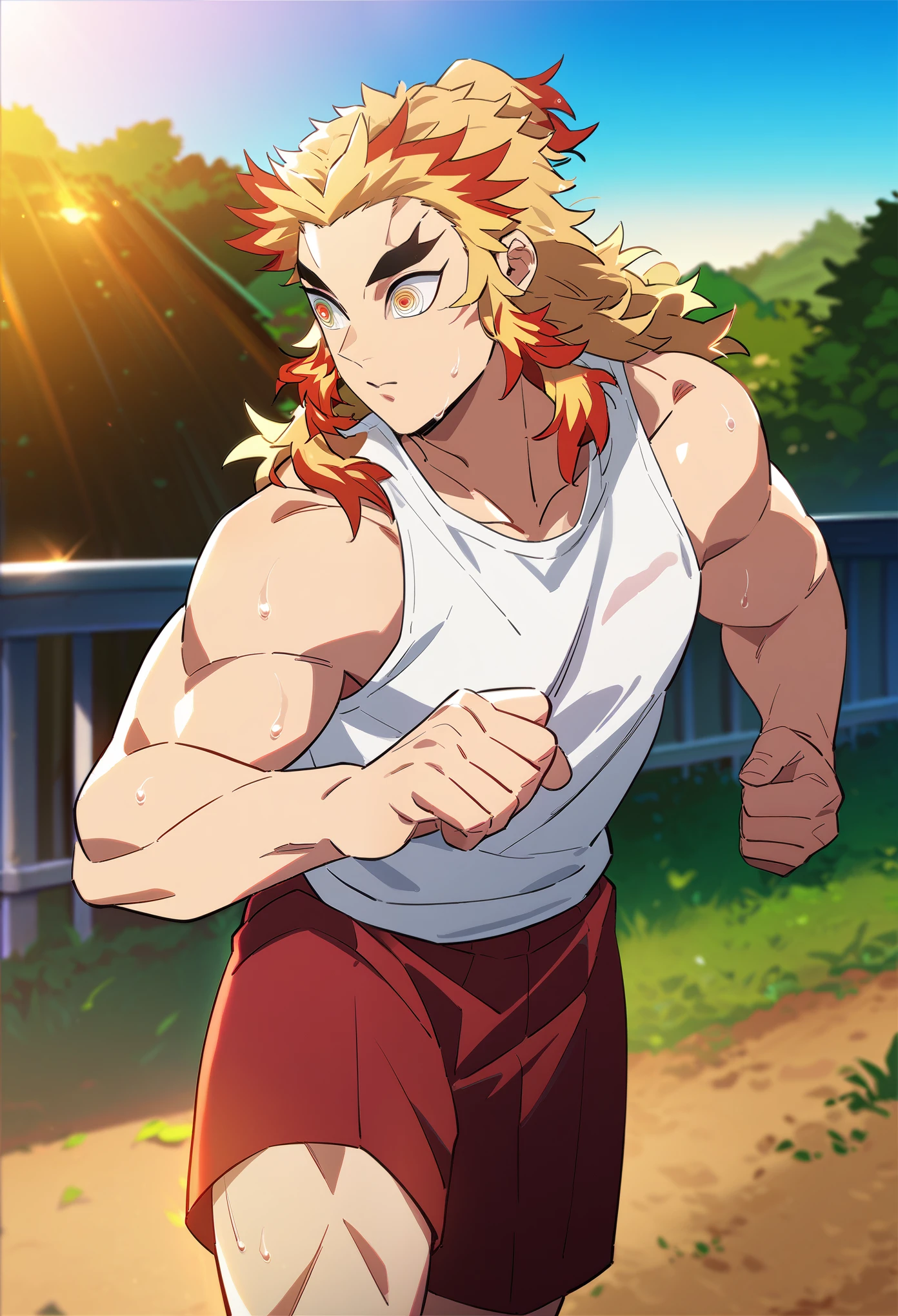 1boy,(full_boddy),muscular,kimetsu no yaiba,score_9_up, score_8_up, score_7_up, score_6_up, score_5_up, score_4_up, best quality, amazing quality, best aesthetic, absurdres, year2023, nsfw, official art, anime screencap,perfec eyes,perfect boddy, anatomically correct, rengoku, rating_explicit, running, white tank top, wet cloths, red shorts, fists, sweating, outdoor rural roadside, railing, sunrise, scenery, in correct perspective, hands with five fingers,
