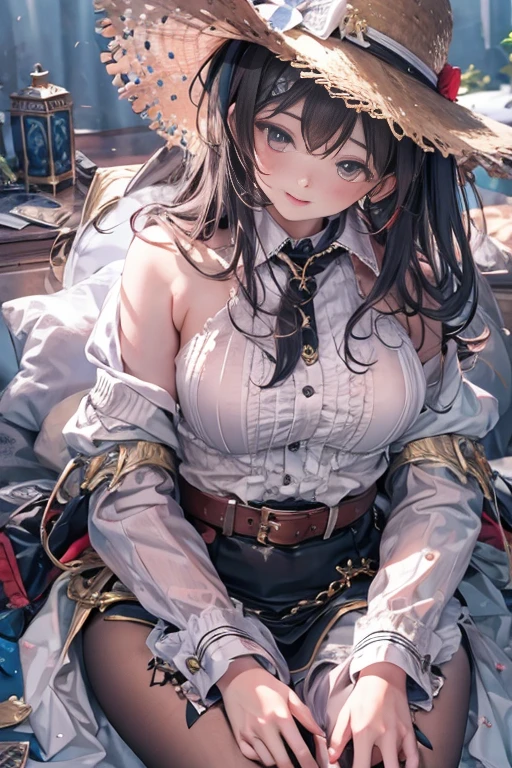 (8k, Highest quality, masterpiece:1.2),Viewer's subjective view、The viewer is sleeping on his back、The girl looks down at the viewer in a cowgirl position、The girl is looking down at the viewer、Beautiful girls,Young face,Innocent expression,Flat Chest,Redden the hole,Mouth shape before kissing,Girl hugged by audience,Lie,Her sweaty skin is visible through her skin,Open button shirt,Interact,String Bra,Slim body,String panties,Beautiful thighs,Gentle caress,Heavy breathing,White liquid gets on the face,Starry Sky,night,White liquid dripping from thighs