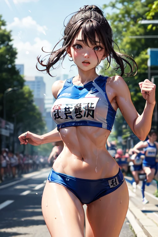 Highest quality、Masterpiece、Athletics、Marathon Women、During the marathon、Running、Hair fluttering、Big Breasts、slender、Very slim body、Very small buttocks、Very thin thighs、Narrow waist、a little nipples are visible、Sweaty、Moist in the body