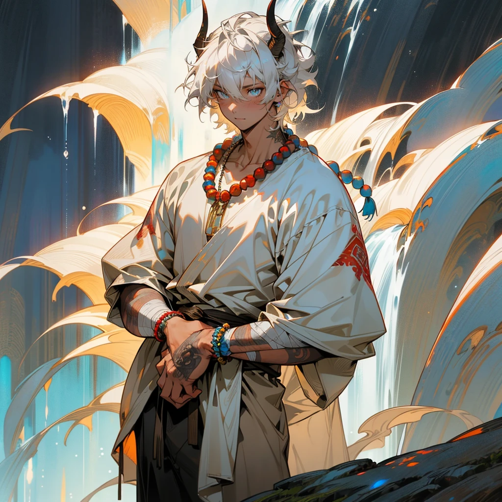 1male, mature, tan skin, finely detailed glowing blue eyes, medium messy hair, white hair color, bandages wrapped around arms, prayer bead necklace, prayer bead bracelet, standing with hands in pocket, standing on mountain trail, waterfall, night, somber expression, ((detailed eyes)), ((horns)), red tattoos on chest