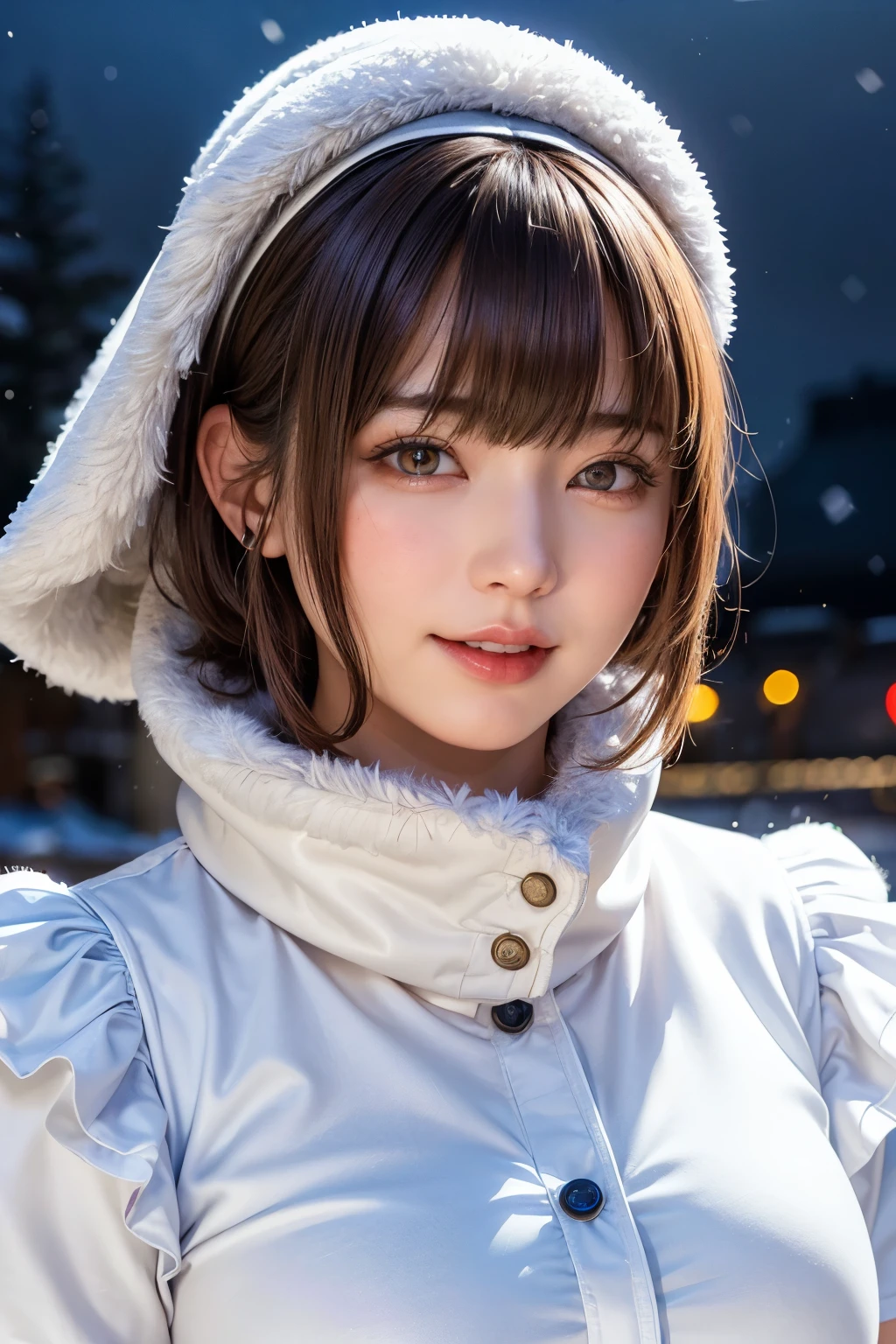 (masterpiece, Highest quality),One Girl, alone, Black-haired, scarf, Have, Realistic, Realistic, Looking at the audience, Light-coloured black eyes, Short brunette bob, Brown coat, Winter clothes, White headscarf, lips, prohibit, Plein Air, Mouth closed, Upper Body、Big eyes、eyelash、((Beautiful night scenery with sparkling snow falling、Large snowflake motif、A beautiful, empty, snowy night scene、Snow Scene))、(((Short bob hair with bangs、Shiny Hair、Big eyes、large full chest、Highlights the eyes、Gazing at the audience、Beautiful beauty、Listen carefully、Long neck、Laugh a little、Please close your mouth and laugh、Ideal body type)))、{Huge|big|Hugeな|Mega} chest:2, chestの谷間:2、