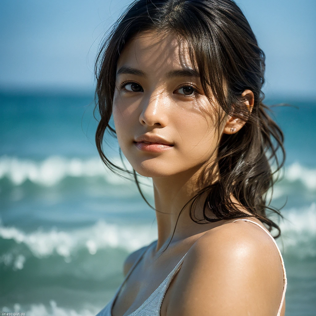 A hyper-realistic image of a single Japanese woman in her early 20s, captured with the nostalgic warmth and pronounced graininess of a film camera, showing her from the shoulders up as she stands on a sunlit beach. Her skin has a warm beige tone with a natural, visibly rough texture that includes pronounced pores, fine lines, and subtle imperfections such as small blemishes, slight unevenness, and a hint of sun exposure, contributing to the authenticity of her appearance. The texture of her skin is intentionally less smooth, with a tangible roughness that enhances the realism, making the surface appear slightly weathered by the elements. The soft, diffused natural light illuminates her face and shoulders with a gentle touch, casting shadows that subtly reveal the unevenness of her skin. Her straight, glossy black hair flows naturally in the ocean breeze, framing her face, and her deep brown eyes reflect the soft sunlight and the shimmering sea. The film camera effect amplifies the grain and texture, creating a warm, nostalgic atmosphere while maintaining the deliberately rougher, less polished texture of her skin. The composition, focused on her upper body, captures the serene elegance of the beach setting, highlighting the natural interaction of light and shadow on her skin. This combination of a rough, realistic skin texture, soft natural light, and the grainy film-like qualities ensures that the image presents an authentic, lifelike portrayal of the woman, centered on her face and shoulders.