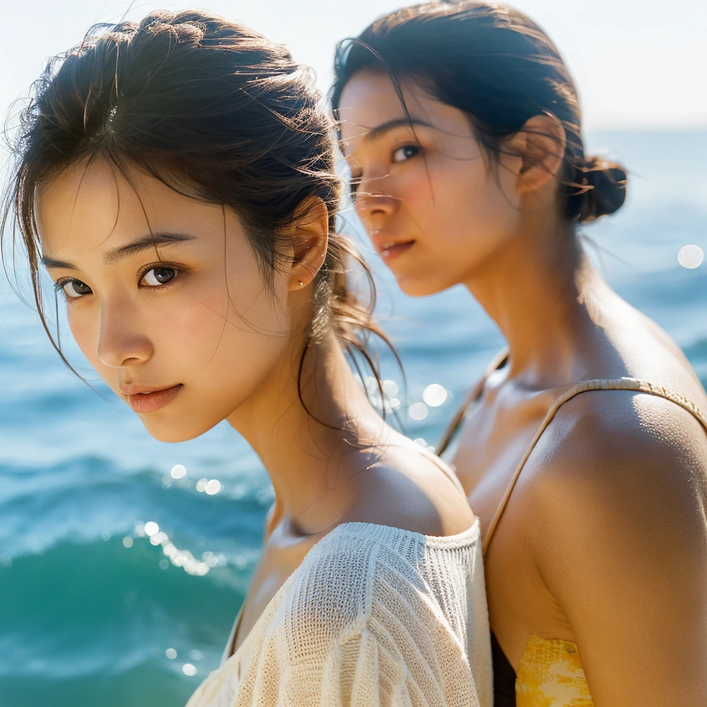 A hyper-realistic image of a single Japanese woman in her early 20s, captured with the nostalgic warmth and pronounced graininess of a film camera, showing her from the shoulders up as she stands on a sunlit beach. Her skin has a warm beige tone with a natural, visibly rough texture that includes pronounced pores, fine lines, and subtle imperfections such as small blemishes, slight unevenness, and a hint of sun exposure, contributing to the authenticity of her appearance. The texture of her skin is intentionally less smooth, with a tangible roughness that enhances the realism, making the surface appear slightly weathered by the elements. The soft, diffused natural light illuminates her face and shoulders with a gentle touch, casting shadows that subtly reveal the unevenness of her skin. Her straight, glossy black hair flows naturally in the ocean breeze, framing her face, and her deep brown eyes reflect the soft sunlight and the shimmering sea. The film camera effect amplifies the grain and texture, creating a warm, nostalgic atmosphere while maintaining the deliberately rougher, less polished texture of her skin. The composition, focused on her upper body, captures the serene elegance of the beach setting, highlighting the natural interaction of light and shadow on her skin. This combination of a rough, realistic skin texture, soft natural light, and the grainy film-like qualities ensures that the image presents an authentic, lifelike portrayal of the woman, centered on her face and shoulders.