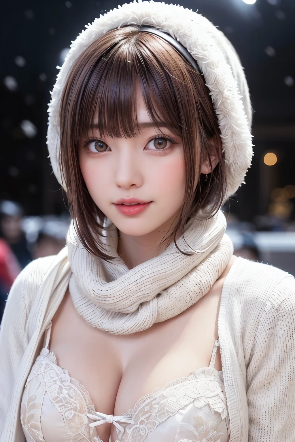 (masterpiece, Highest quality),One Girl, alone, Black-haired, scarf, Have, Realistic, Realistic, Looking at the audience, Light-coloured black eyes, Short brunette bob, Brown coat, Winter clothes, White headscarf, lips, prohibit, Plein Air, Mouth closed, Upper Body、Big eyes、eyelash、((Beautiful night scenery with sparkling snow falling、Large snowflake motif、A beautiful, empty, snowy night scene、Snow Scene))、(((Short bob hair with bangs、Shiny Hair、Big eyes、large full chest、Highlights the eyes、Gazing at the audience、Beautiful beauty、Listen carefully、Long neck、Laugh a little、Please close your mouth and laugh、Ideal body type)))、{Huge|big|Hugeな|Mega} chest:2, chestの谷間:2、