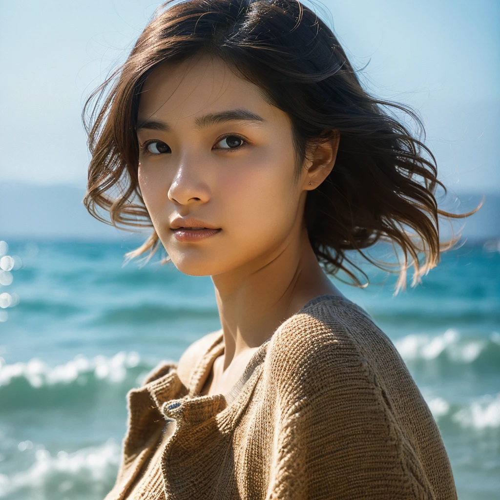 A hyper-realistic image of a single Japanese woman in her early 20s, captured with the nostalgic warmth and pronounced graininess of a film camera, showing her from the shoulders up as she stands on a sunlit beach. Her skin has a warm beige tone with a natural, visibly rough texture that includes pronounced pores, fine lines, and subtle imperfections such as small blemishes, slight unevenness, and a hint of sun exposure, contributing to the authenticity of her appearance. The texture of her skin is intentionally less smooth, with a tangible roughness that enhances the realism, making the surface appear slightly weathered by the elements. The soft, diffused natural light illuminates her face and shoulders with a gentle touch, casting shadows that subtly reveal the unevenness of her skin. Her straight, glossy black hair flows naturally in the ocean breeze, framing her face, and her deep brown eyes reflect the soft sunlight and the shimmering sea. The film camera effect amplifies the grain and texture, creating a warm, nostalgic atmosphere while maintaining the deliberately rougher, less polished texture of her skin. The composition, focused on her upper body, captures the serene elegance of the beach setting, highlighting the natural interaction of light and shadow on her skin. This combination of a rough, realistic skin texture, soft natural light, and the grainy film-like qualities ensures that the image presents an authentic, lifelike portrayal of the woman, centered on her face and shoulders.