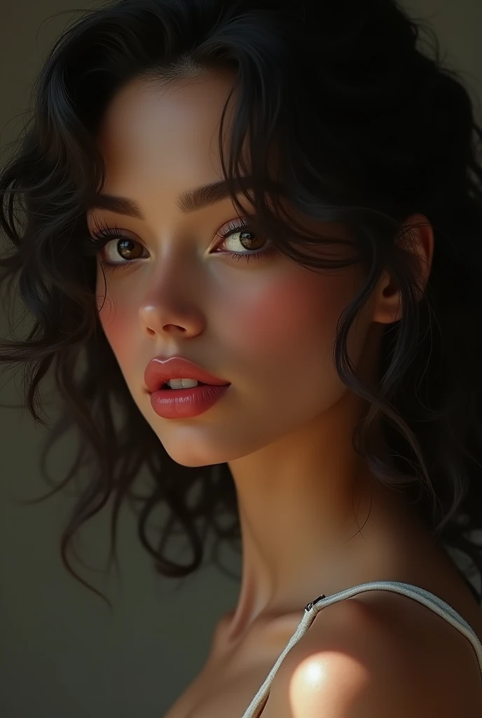 young woman, dark and curly hair, thin, reddish lips, Your skin is dark, your eyes are black and intense. Her expression is sexy and soft.
