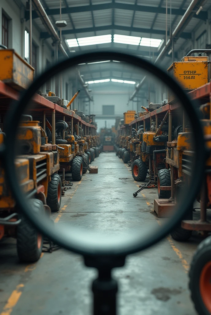 Looking through a magnifying glass to see a work shop floor with tools and trucks