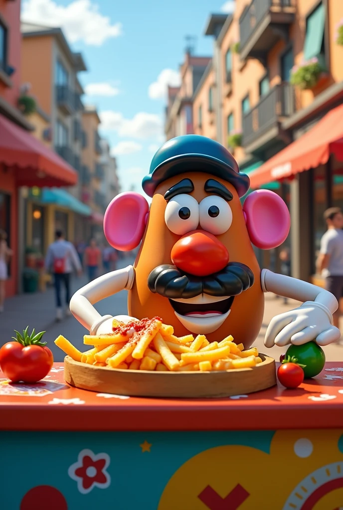 Mr. Potato Head cooking crazy fries on a food cart