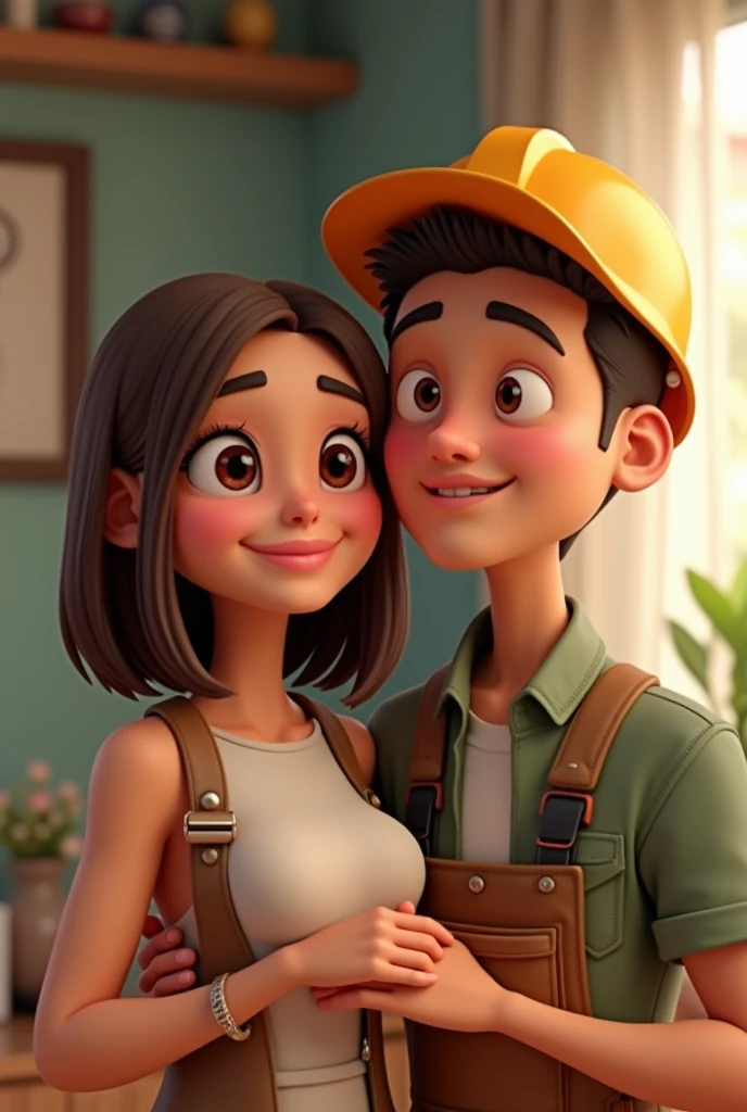 Couple in pixar mode, female accountant, straight brown hair and electrician technician man , mestizo brown skin