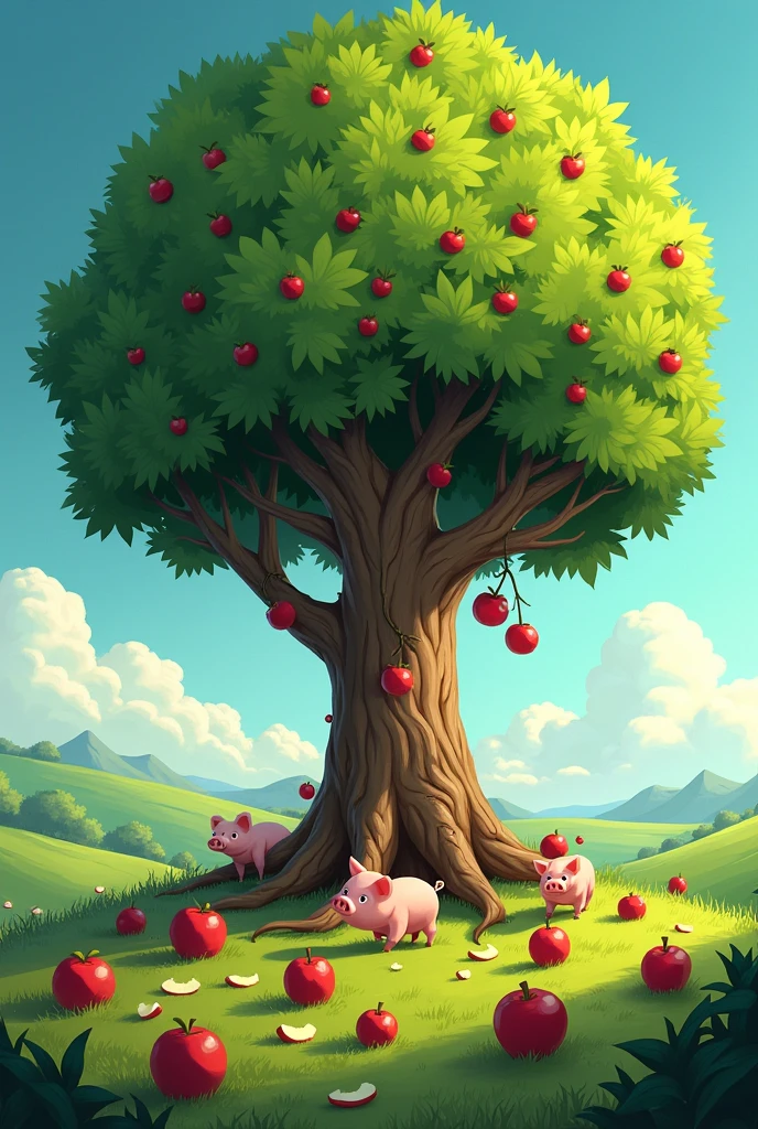 A giant apple tree fighting against little pigs
