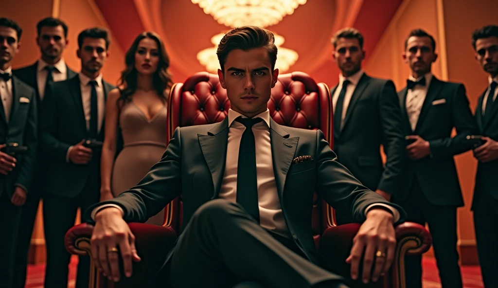 A striking and powerful movie poster featuring a young, handsome Mafia Boss exuding confidence as he sits in a luxurious boss chair. He is impeccably dressed in a stylish, tailored suit. Behind him stands a beautiful woman, elegantly dressed, embodying grace and poise. Next to her, there is a second version of the Mafia Boss dressed in simple, unassuming clothes, adding an intriguing contrast.
The background is a lavish bungalow with an opulent design, hinting at the Mafia Boss's hidden empire. Surrounding the bungalow are several men, all dressed in black suits, holding guns firmly in their hands, creating a sense of dominance and authority. The overall atmosphere is intense and dramatic, with a mix of luxury and power, setting the tone for a thrilling narrative.