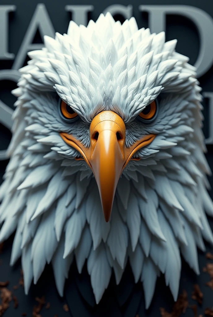 Eagle head very realistic white head looking REAL, It has to have written in 3d Badass Eagle on the image with a background of letters