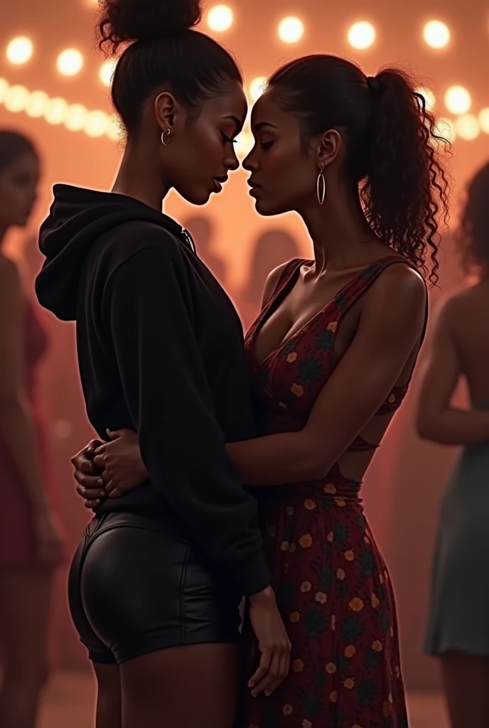 black woman hair in a bun black hoodie black leather short shorts a old grandma in a dress kissing her ass behind her squeezing her sexy ass  in a school dance
