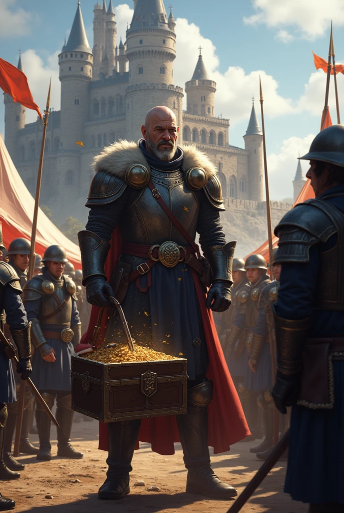 The Cid Campedor distributing the loot to his troops and also arriving at the castle on horseback with a load of a chest and part of the loot 
