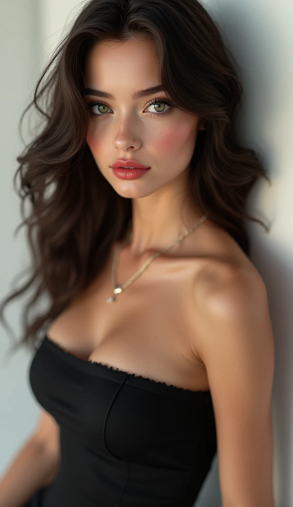 1 woman, full body shot (1.3),close up face shot (1.3), face shot, corridor,Soft Light, Italian Beauty,Tight Fit,dress,Light-haired,long hair,
 white background, gorgeous American-Italian woman, doll face, with thick and long wavy dark chocolate brown hair, big and large slender cat emerald green bright eyes, long and thick curly black eyelashes, button upturned nose, high nose bridge, fullest and plumpest with a pout at the top rosy red luscious lips, oval and heart face shape mix, high cheekbones, shorter face, shorter chin, defined jawline, tiny face size, pale milky white traslucent perfect skin, whitening skin, hourglass shaped body, tiny and narrow waist, rounded hips, long and slender beautiful legs, big perfect brests (1.4), large breasts, bust size 84 cm, waist 57 cm, hips 86 cm, bra size 34 D, tall at 5’8, full body image, ((perfect body proportions)), realistic, photorealistic, ultradetailed, skin texture, hyperealismHigh Resolution, Closed Mouth, highly detailed, high resolution 8K, wearing a tight fit black dress highliting her horglass body, detailed jewlry, 23-years-old