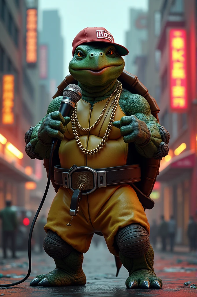 Create a turtle dressed as a rapper with a microphone rapping