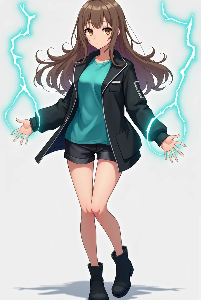 1. 1 white girl 2. skin test very white skin 2. Long wavy brown hair 3. Light brown eyes 4. elongated face 6. Big hips 7. He is wearing black shorts 8. Turquoise T-shirt 10. Black jacket 11. He has lightning bolts on his hands and body 12. It has to be full body 13. Wear black boots 17. It has to be in detailed anime version