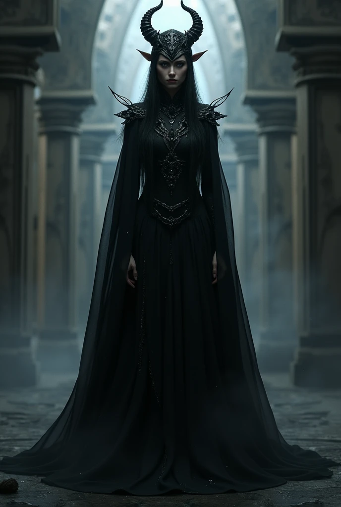 Aurora "The Shadow Weaver"

Character description:

Aurora is an enigmatic creator with the unique ability to shape shadows with her hands.. In a reality where light is a luxury and shadows seem to have a will of their own, Aurora can manipulate them to form objects, give life to creatures, and even open portals to other unknown worlds. Her clothing is made of black fabrics that seem to come to life., as if the shadows themselves had adhered to his body. Its appearance is almost unreal, like from another world; His eyes are deep and dark, reflecting everything but light. She wears a headdress made of dark crystals that sparkle slightly., as if they were stars confined in an endless night.

ADD A PROP, THAT THE CROWN ALSO HAS HORNS AND WINGS ON THE BACK, DON&#39;T FORGET THE PROP

