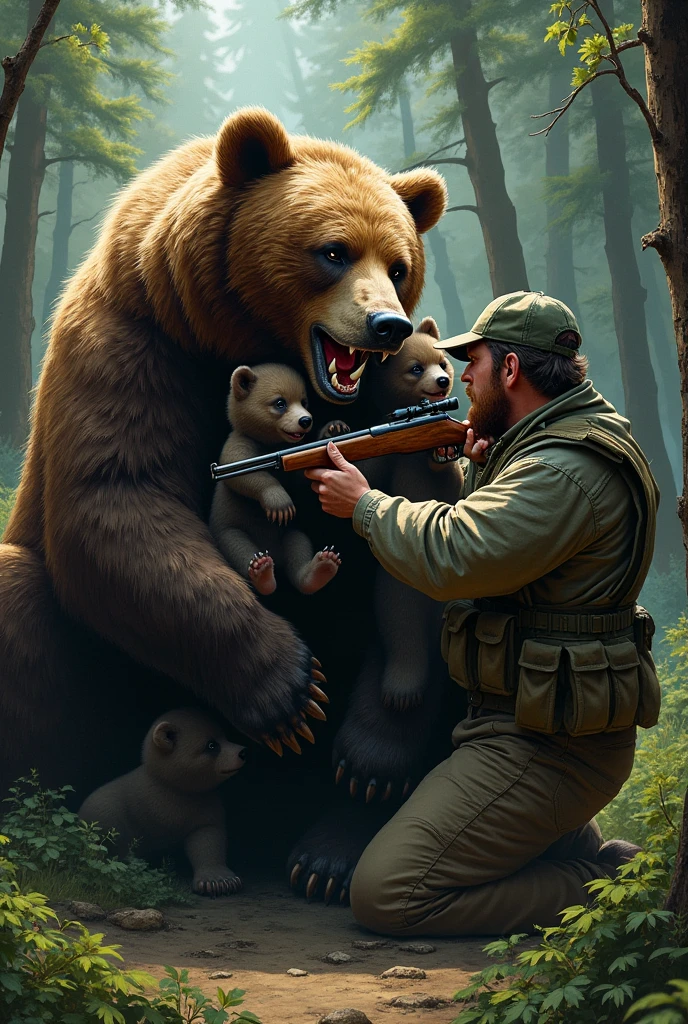 A bear with its cubs trying to hug a hunter who is pointing a gun at them, to color

