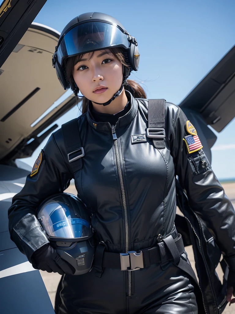 A female air force soldier wearing a helmet and pilot suit fighting in a fighter jet,Plump,Slightly thicker,Thick harness belt,
