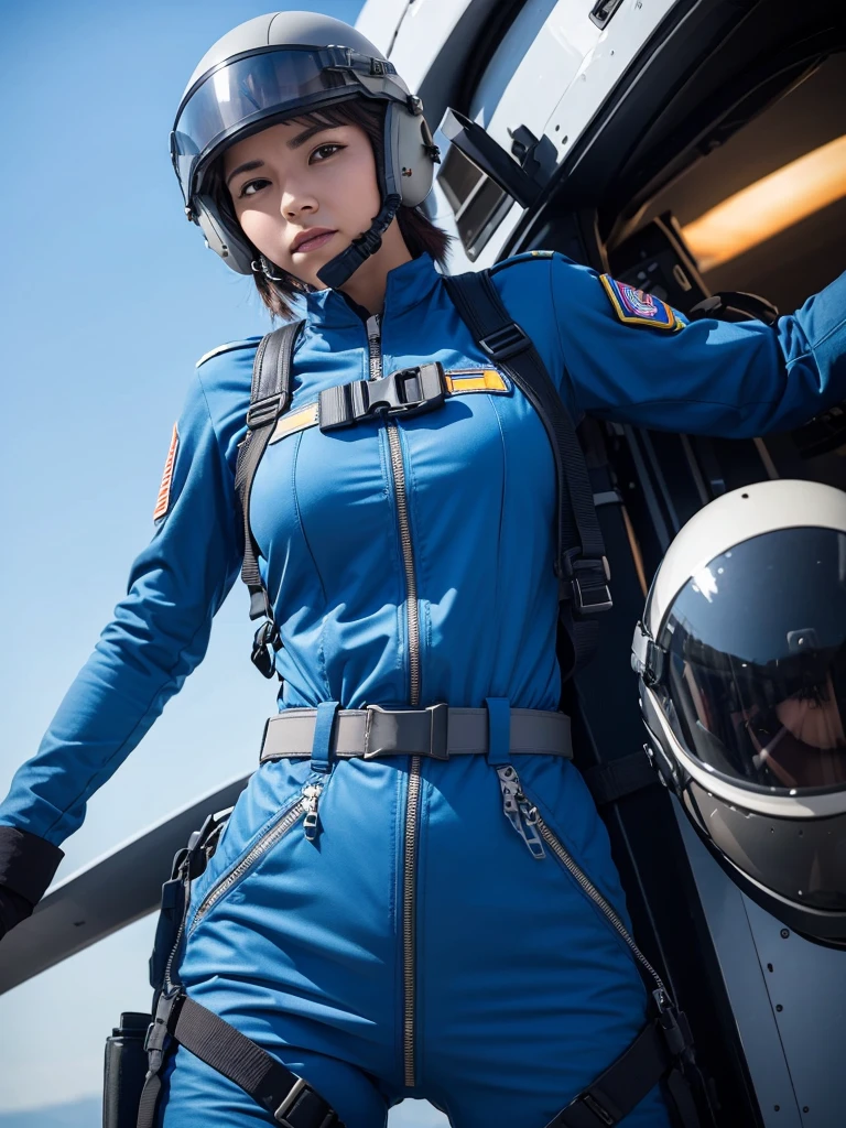 A female air force soldier wearing a helmet and pilot suit fighting in a fighter jet,Plump,Slightly thicker,Thick harness belt,