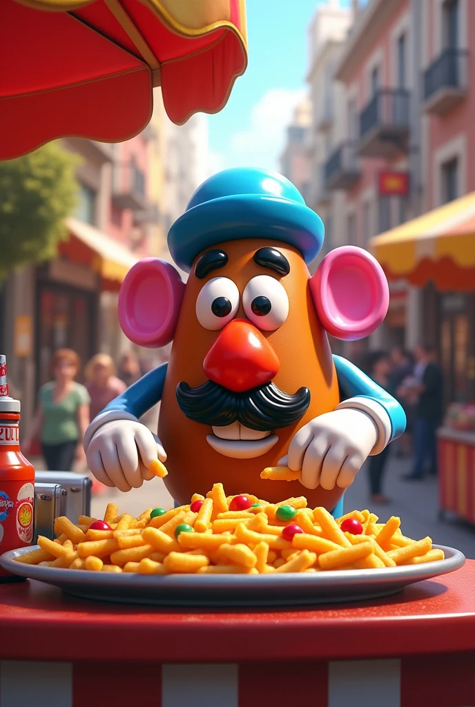 Mr. Potato Head cooking crazy fries on a food cart