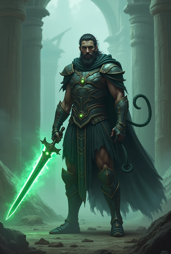 A Greek warrior with a white light sword and a dark aura magic whip, an armor with eyes and a dark magical black whip with a slightly green aura, unlimited