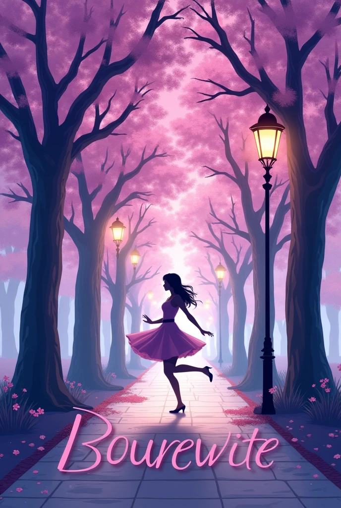 LOGO FOR RESTAURANT WITH THE WORD BOULEVARD make a path with purple leaf trees looked like cherry trees with streetlights and the word boulevard and the shadow of a young woman dancing with the word BOULEVARD