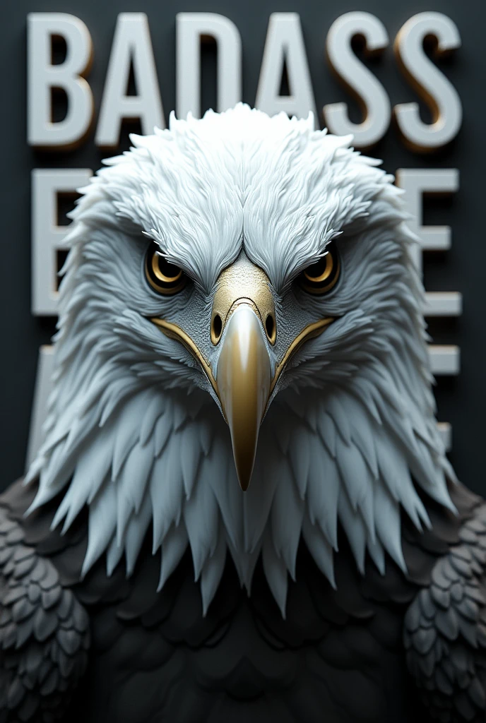 Eagle head very realistic white head looking REAL, It has to have written in 3d Badass Eagle on the image with a background of letters