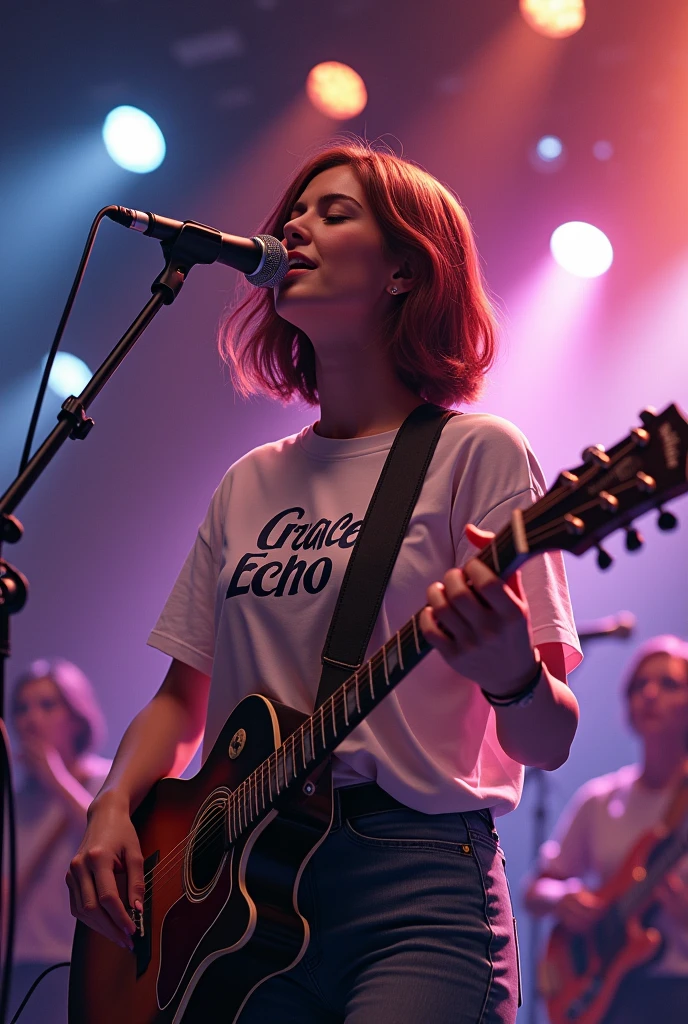 (Maximum quality, work of art: 1.3), singer: 1, lights: 1.5, bob hair, chestnut hair: 1.3, (holding microphone: 1.2), Shirt with Jesus written on it Grace Echo, comely, cerulean, Face ultra detailed, band playing behind detailed, praising God, feeling the presence of God. Singer with guitar in hands shouting into microphone, excited, Eco grace written shirt