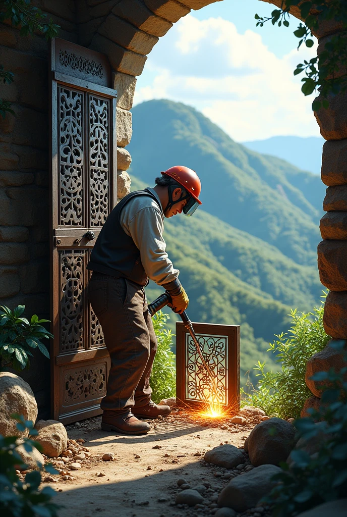 A metal worker welding window grill at hilly area