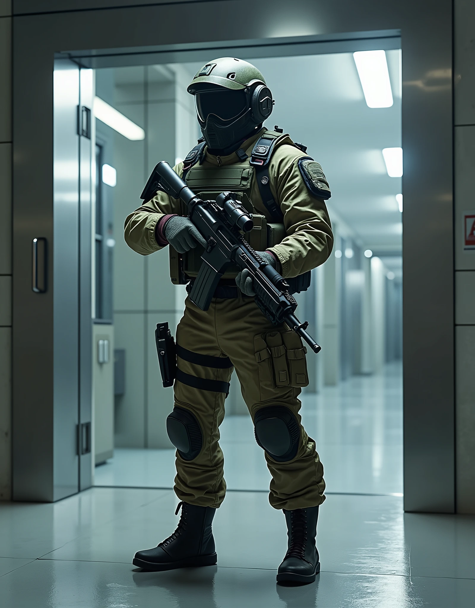 Make an image for a security guard in tactical gear guarding a laboratory, using an assault rifle