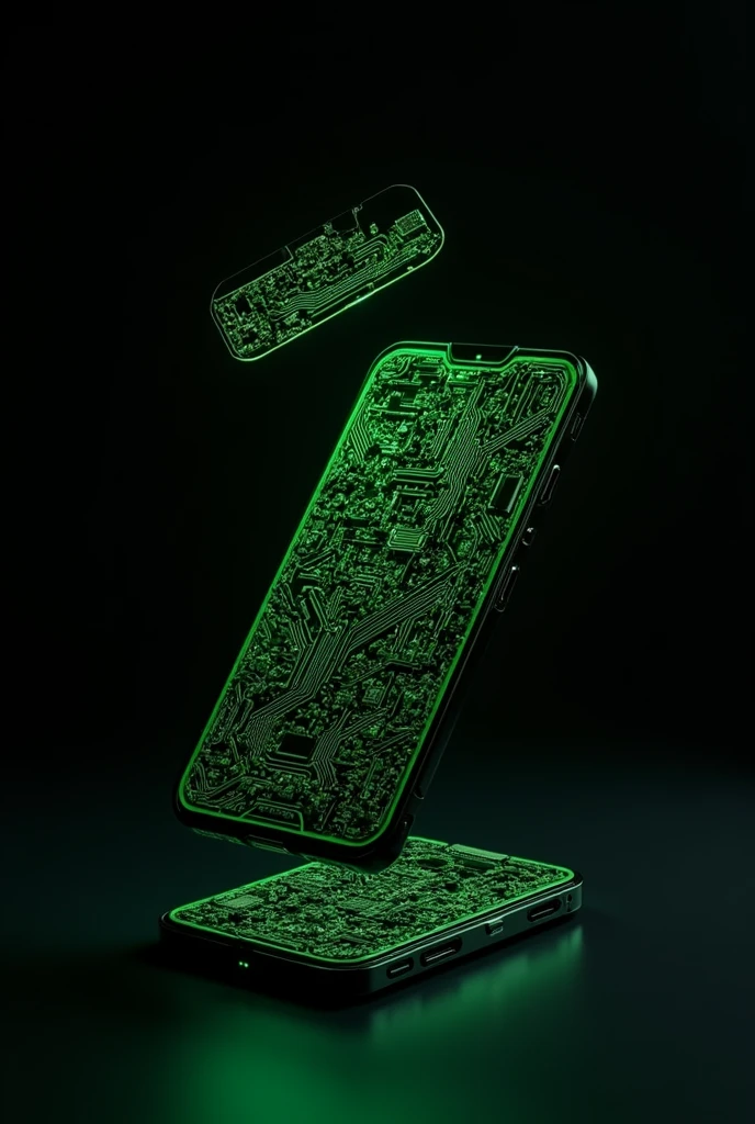 Cell phones disassembling with green lines on a black background