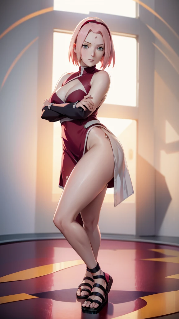 Sakura Haruno from Naruto, exposed belly, Beautiful legs, flawless lighting, thicc thighs, sultry posing, eyeshadows, slit dress, part of the waist exposed, NUDE, shadowing, lighting, 8k, hdr, showing your legs, calf, fully body, Low-light environment, flawless hair, shorth hair, anime character (Sakura Haruno from the Naruto shippuden), high detaild, Beautiful legs, jack o challenge pose
