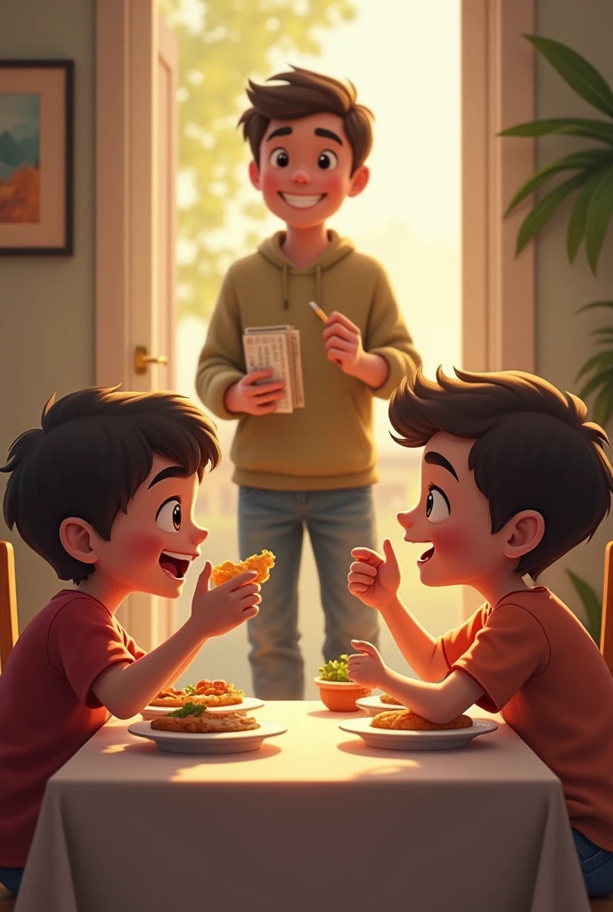 3 children eating at a table and a father arriving with tickets in hand