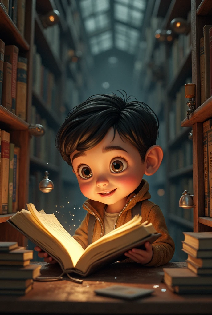 Pedro, now about , It is in a small bookstore in Arequipa, flipping through a science book. The bookstore is dark and dusty, with shelves full of old books. Pedro has a look of wonder as he finds a chapter about rockets and space travel.