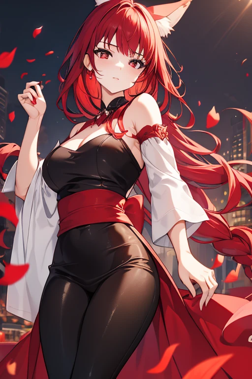 An adult woman with red eyes, long bright red hair with fox ears. Wears an elegant dress. She must be wearing a black leggings. she comes from wonderland