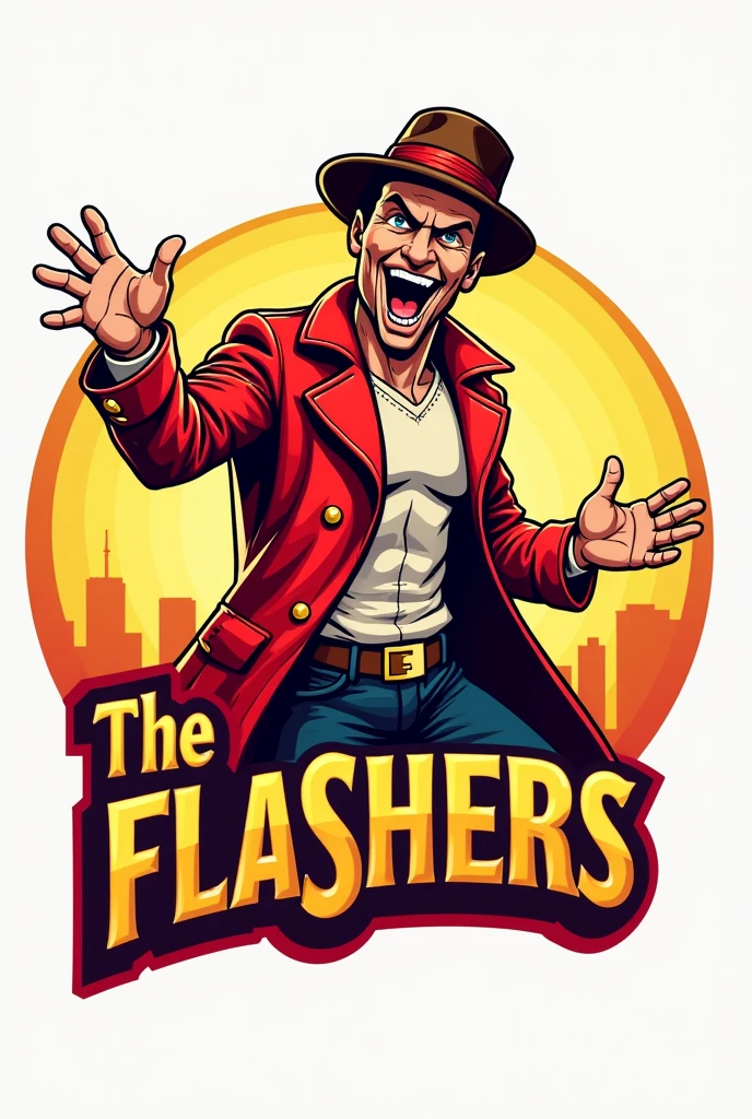 Make a funny logo for an american football team called "The Flashers" and include the team name. Make it red and yellow with The Flash in a trenchcoat exposing himself to a civilian.
