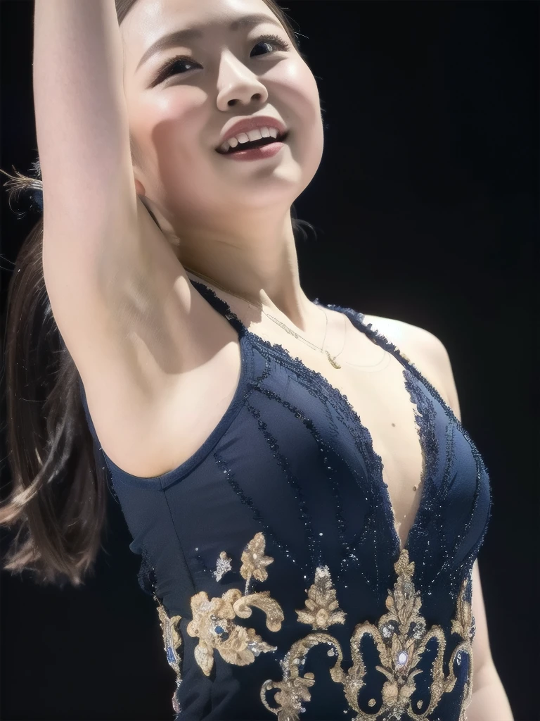 (masterpiece, best quality:1.2),masterpiece,beautiful,extremely detailed,(ultra high res),(8k UHD best quality), (realistic, photo-realistic:1.37), depth_of,field, blurry_background, photo_inset,Dramatic lighting,reference_inset,photo_background,black eyes,photorealistic,looking_at_viewer,1girl,shiny skin,detailed skin, 1girl, solo、Rika、ponytail、Cowboy Shot、Black Hair、Light blue outfit、Armpit、Bare forehead、(Perfectly balanced body)、大きなおっぱい