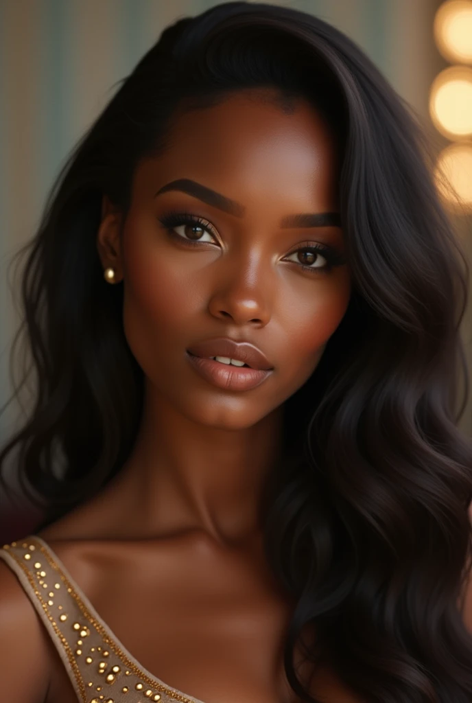 Belle femme africaine avec beauté attrayante, de long cheveux et des yeux brillants